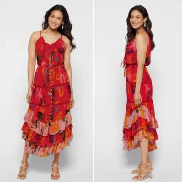 🍓 FARM Rio Red Mixed Fruits Ocean Tiered Midi/Maxi Dress – NWT 🍓 - Picture 1 of 10